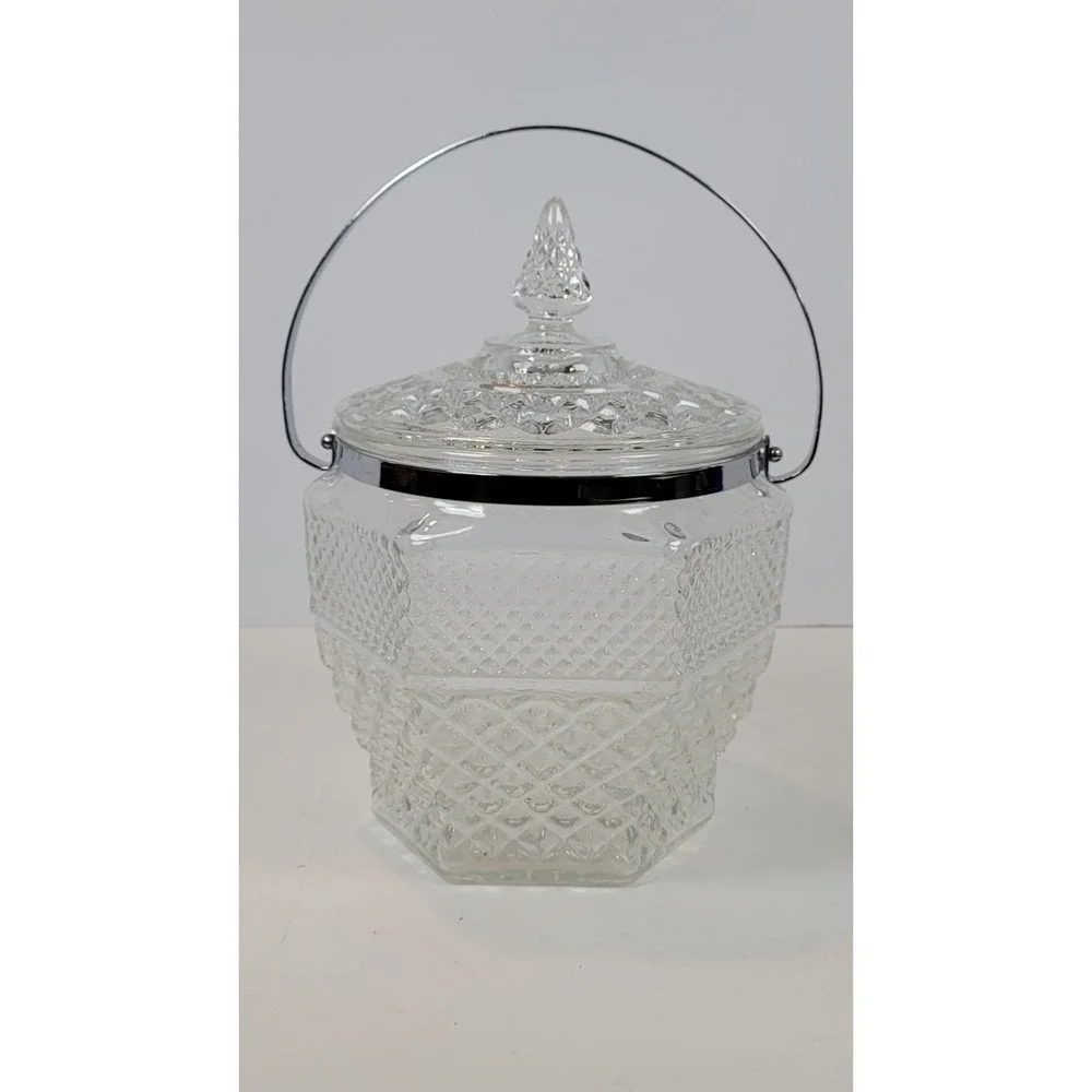 Vintage Anchor Hocking Wexford Ice‎ Bucket  w/Lid & Chrome Handle Cut Glass